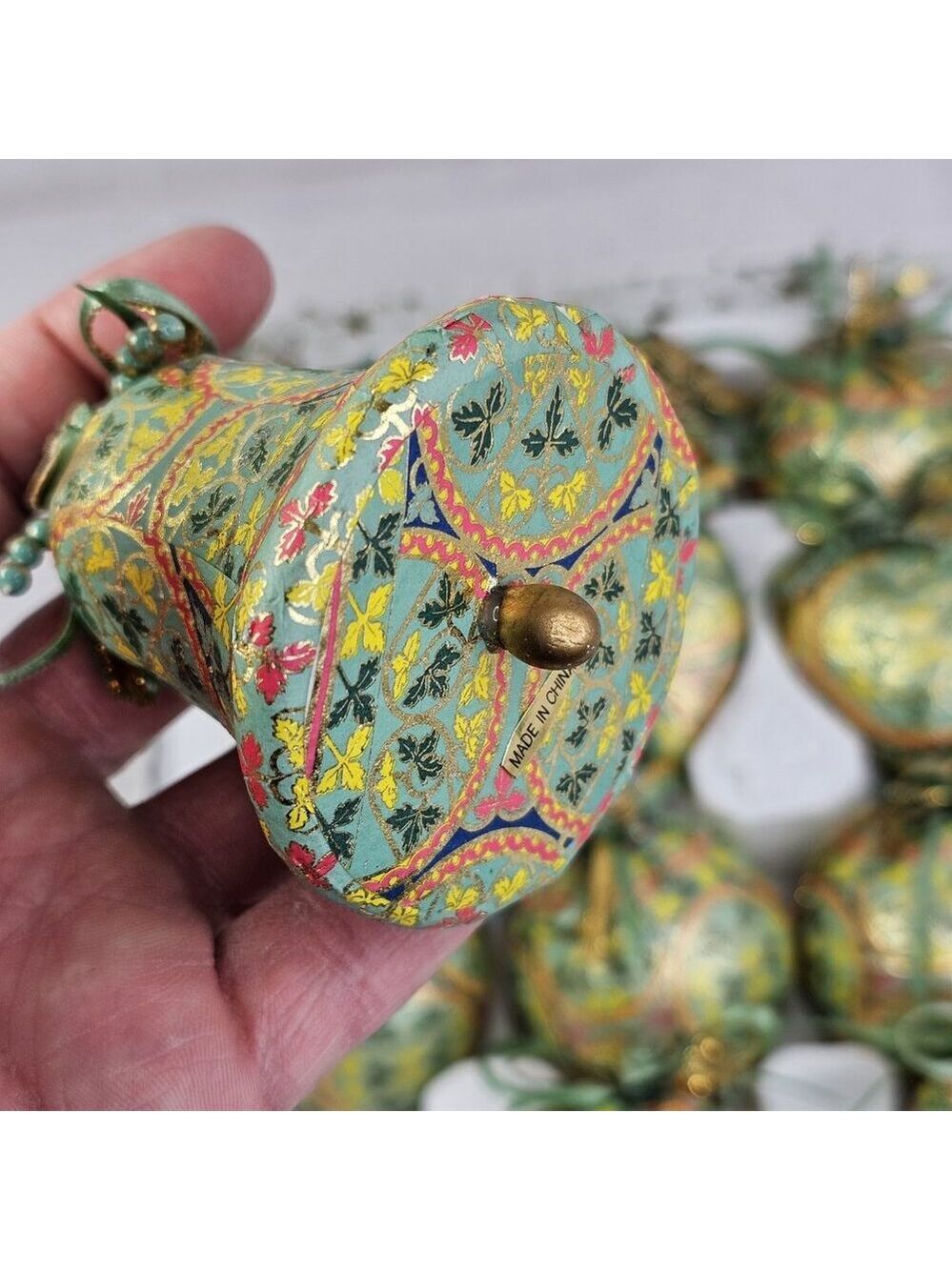 Christmas Ornament Set Paper Mache Bell, Round, And Hearts 12pcs Gold Green Etc - Picture 3 of 9